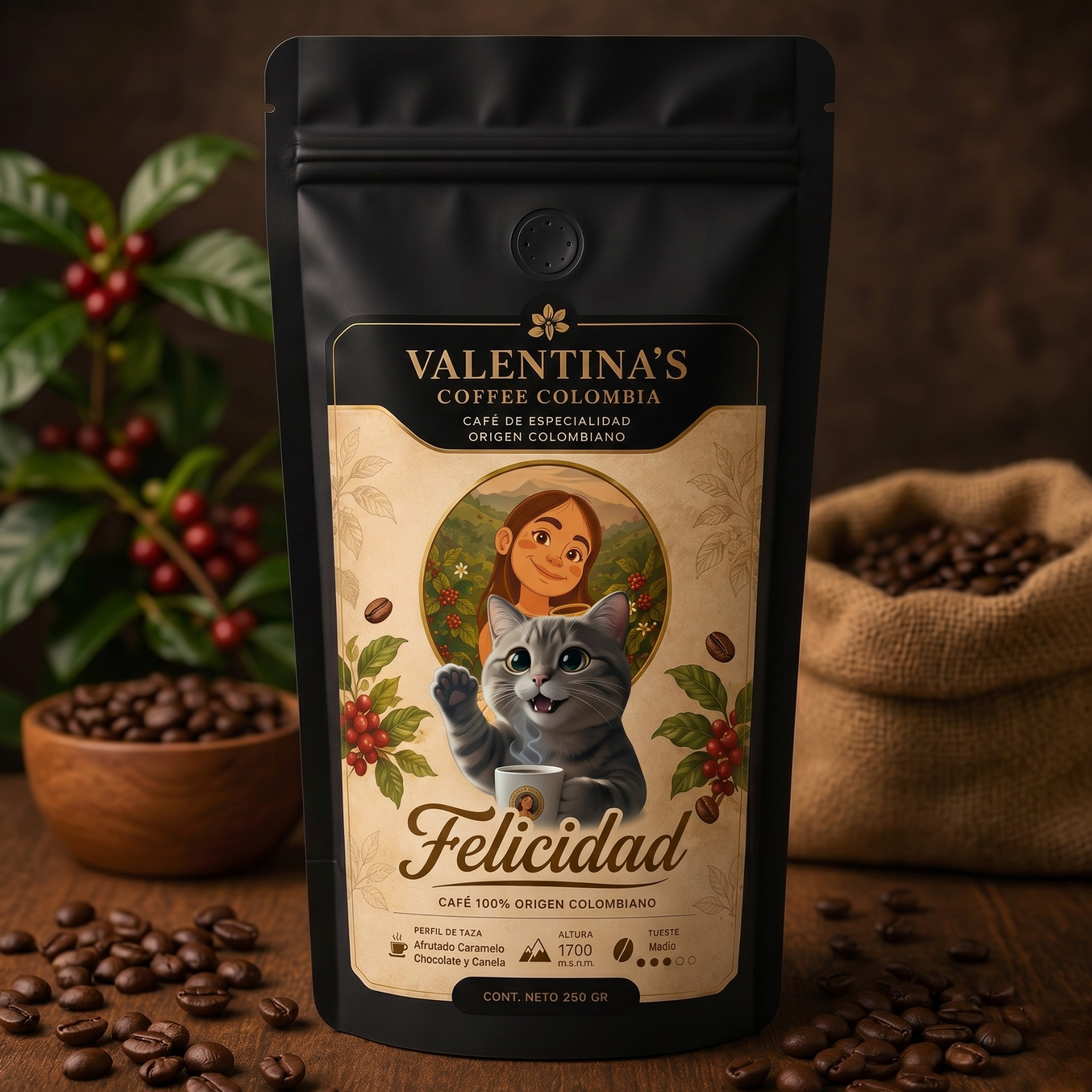 Café gourmet Felicidad con granos seleccionados.