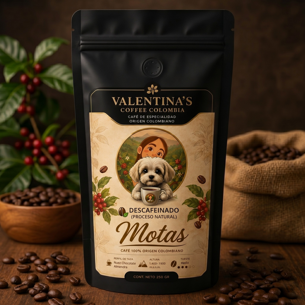 Café gourmet Motas con granos seleccionados.